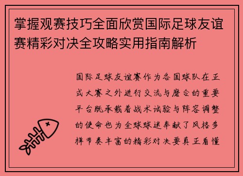 掌握观赛技巧全面欣赏国际足球友谊赛精彩对决全攻略实用指南解析 掌握观赛技巧全面欣赏国际足球友谊赛精彩对决全攻略实用指南解析