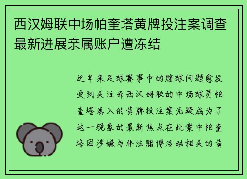 西汉姆联中场帕奎塔黄牌投注案调查最新进展亲属账户遭冻结 西汉姆联中场帕奎塔黄牌投注案调查最新进展亲属账户遭冻结